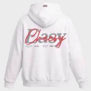 großer Cheesy Rückenprint auf dem Mo-Torres Oversized Hoodie rosa grau