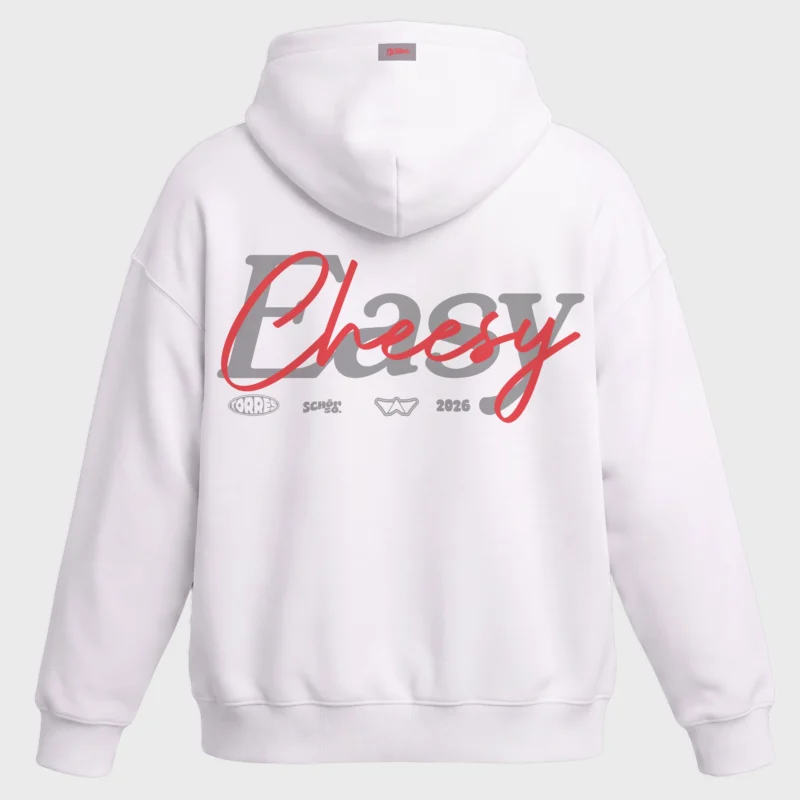 großer Cheesy Rückenprint auf dem Mo-Torres Oversized Hoodie rosa grau