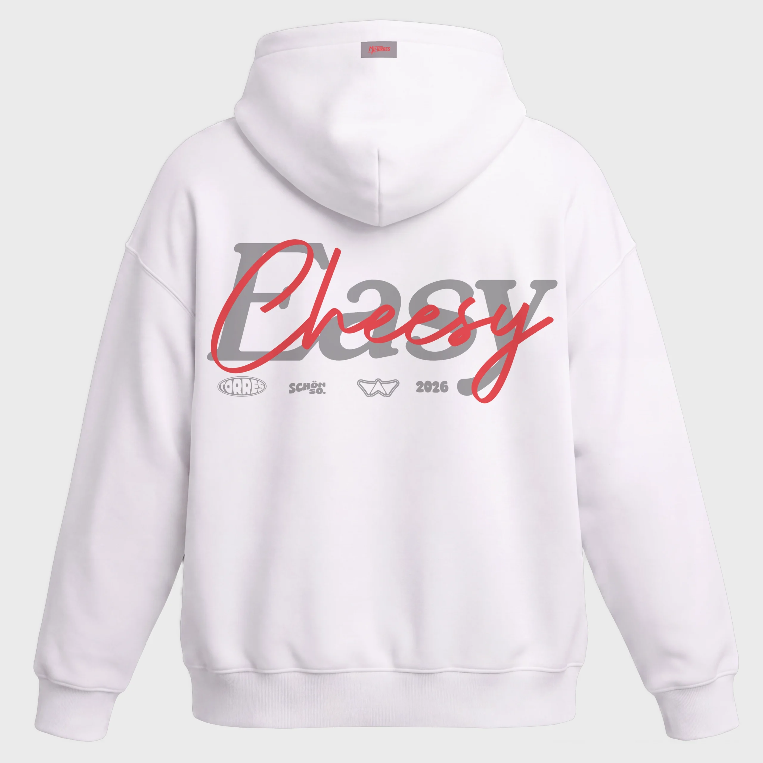 großer Cheesy Rückenprint auf dem Mo-Torres Oversized Hoodie rosa grau