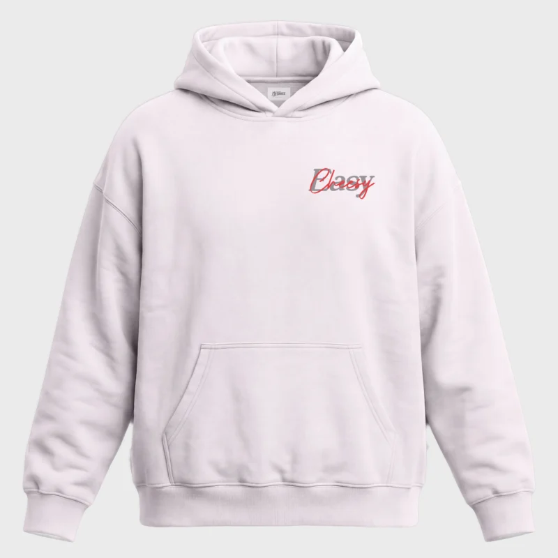 Oversized Unisex Hoodie rosa grau von Mo-Torres mit rotem Easy Print auf der Brust