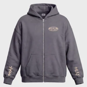 Oversized Zipper Hoodie grau von Mo-Torres mit Brust-Logo und Ärmel-Prints