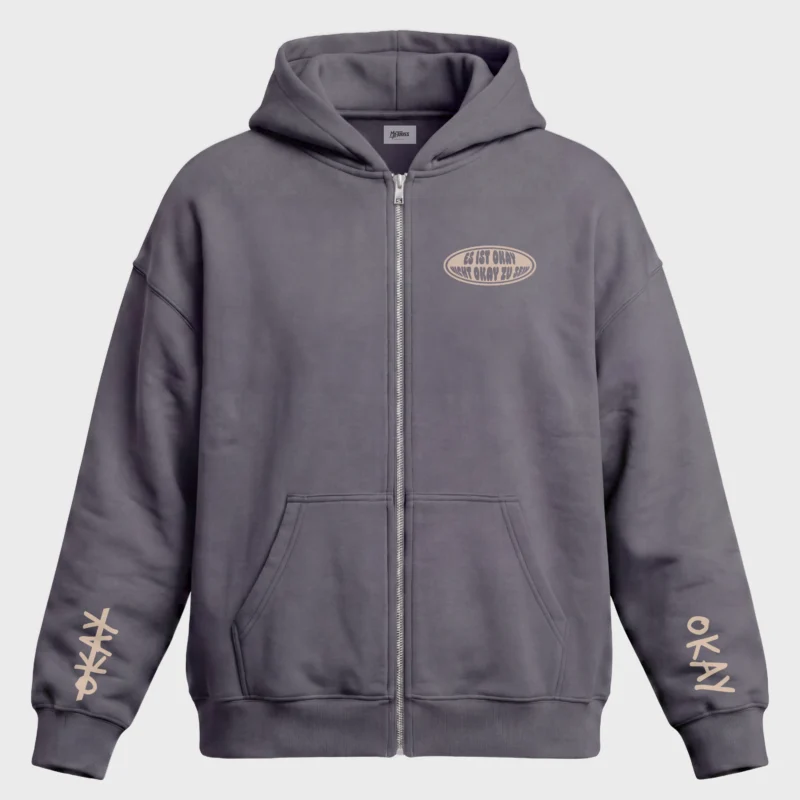 Oversized Zipper Hoodie grau von Mo-Torres mit Brust-Logo und Ärmel-Prints
