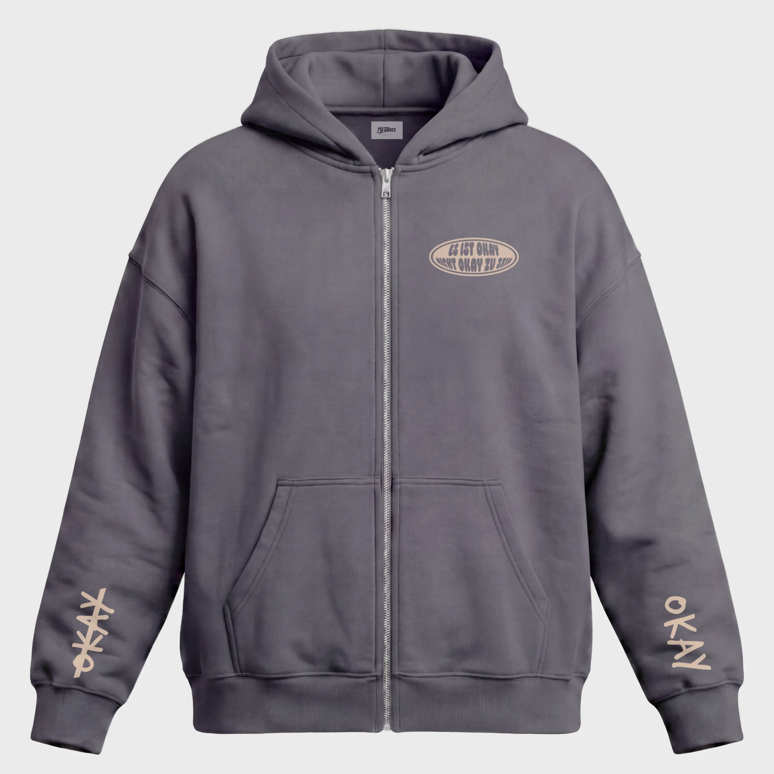Oversized Zipper Hoodie grau von Mo-Torres mit Brust-Logo und Ärmel-Prints
